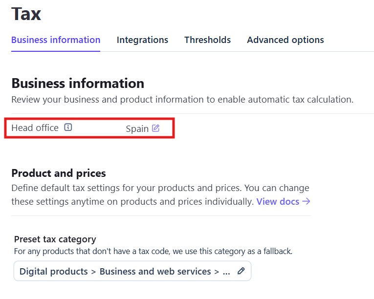 Stripe: Setting Tax Business information 1