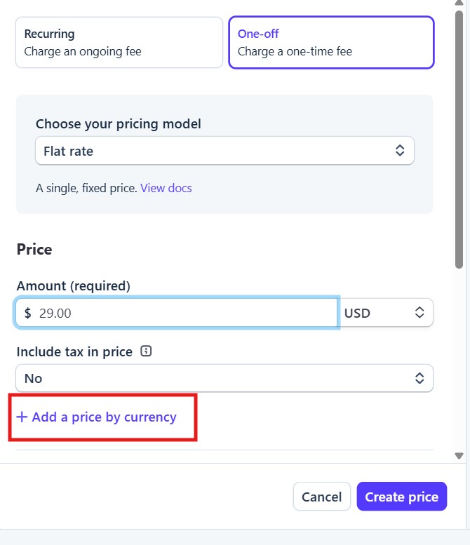 Stripe: add a price by currency